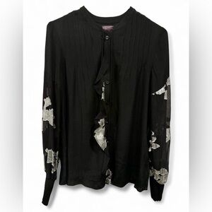 Hale Bob Button Down Foiled Chiffon‎ Semi Sheer Blouse Small Silk Pleated Black